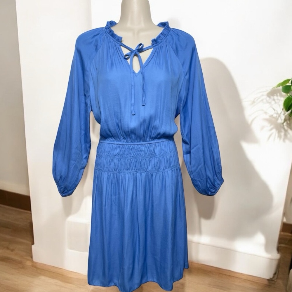 Loft Long-Sleeve Elastic Waist Mini Dress With Tie‎ Neck in Blue Size 2